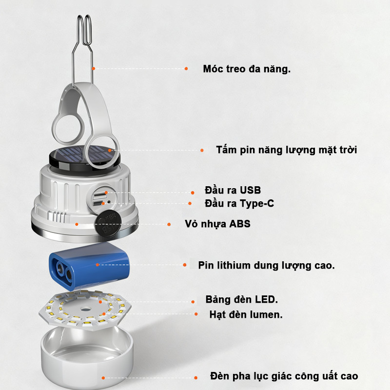 Đèn LED Camping Tích Điện Ngoài Trời – Ánh Sáng Trắng Siêu Sáng, Sạc USB, Thiết Kế Hiện Đại Dễ Mang Theo