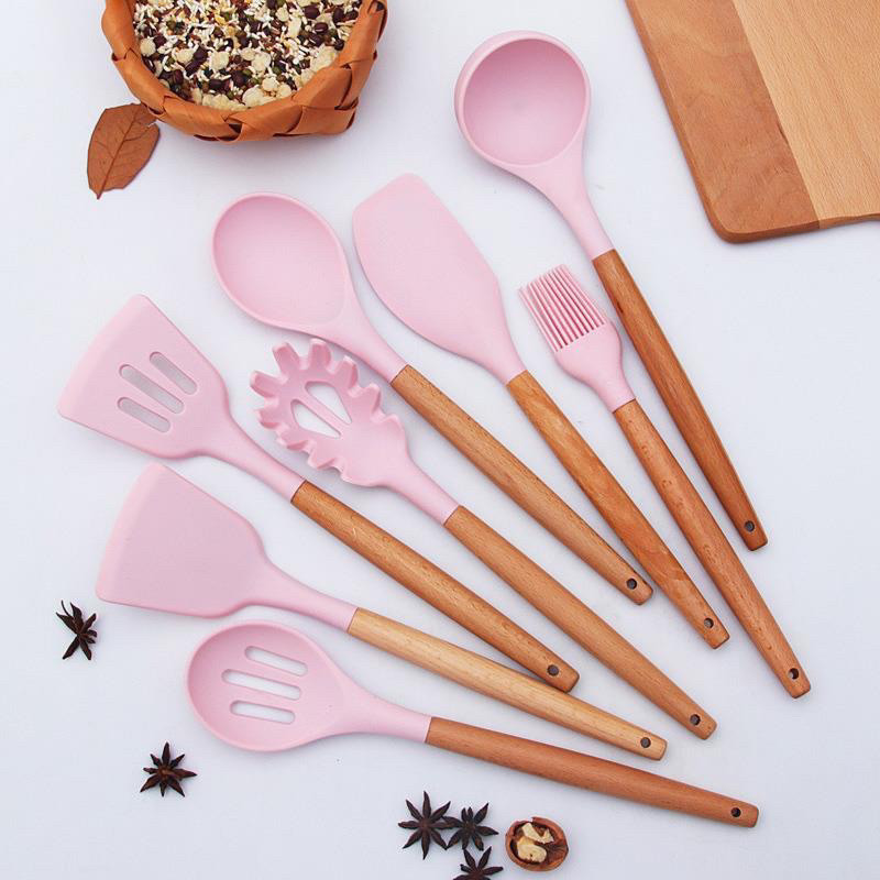 Bộ Dụng Cụ Nấu Ăn Gel Silicone, 12 Món Cán Gỗ Kitchen Set, nấu ăn làm bánh, Chịu Nhiệt Chống Dín