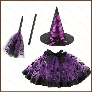 Bộ Trang Phục Halloween Bí Ngô và Phù Thủy - Váy Tutu, Mũ và Chổi