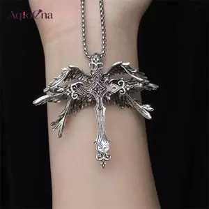 AqToCna Retro Gothic Chúa Giêsu Cánh Chữ Thập Mặt Dây Chuyền Nelace Trang Sức Dành Cho Nam Nữ Vintage Dark Punk Tôn Giáo Bùa Khóa Quà Tặng AqToCna