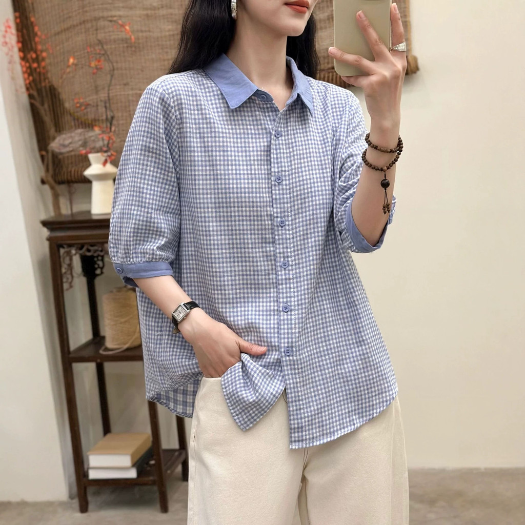 Áo sơ mi nữ chất liệu Cotton cao cấp, tay vừa, mềm mại, thân thiện với da, phù hợp mùa hè