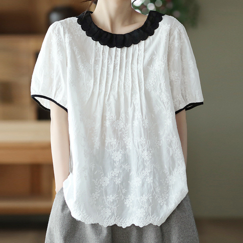 Áo sơ mi nữ chất liệu cotton cao cấp Hàn Quốc Dongdaemun cổ búp bê ren cổ điển lót thêu văn học