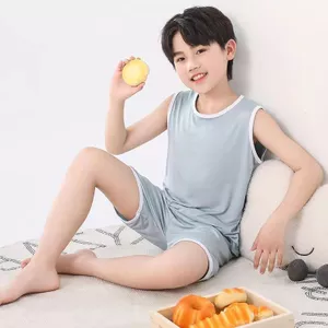 Bộ Áo Modal Trẻ Em Lớn Trẻ Em Homewear Bộ Đồ Ngủ Bé Trai Mỏng Ice Silk Cha Mẹ-Con Không Tay Bé Trai