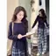 58805 Phong cách mới Mori Thời trang nữ dáng ôm hơn có dây buộc ba phần tư tay áo phù hợp với quần kẻ sọc Bộ đồ hai mảnh