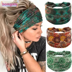 Băng đô BORAGETE Boho, Băng đô thắt nút hoa Mandala co giãn, Thời trang viền rộng thấm mồ hôi bằng vải Cotton rộng Headwrap Phụ kiện tóc