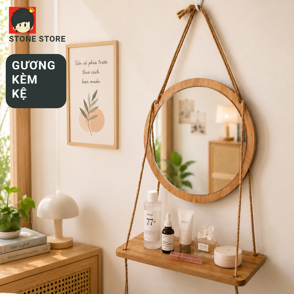 Combo Gương Tròn Và Kệ Treo Tường 28/33cm - Gương Decor Khung Gỗ, Soi Rõ Nét, Phù Hợp Phòng Ngủ
