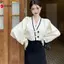 V Ne Màu Tương Phản Tay Dơi Áo Khoác Ngoài Nút Sang Trọng Áo Len Cardigan VN