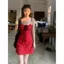 Đầm đeo hoa kỳ nghỉ bên bờ biển màu đỏ Váy mùa hè Hot Girl Váy ôm sát eo hẹp Váy buộc dây