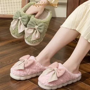 IAPPORTUNIA Giày lông tơ ấm áp, Dép nơ Cotton chống trượt đế dày, Phong cách ngọt ngào Thoải mái mùa đông trong nhà Giày nữ