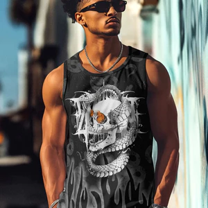 Áo Tank nam mùa hè Retro Skull, Áo Vest thể thao hàng ngày cổ tròn, Áo thun không tay thoải mái thoáng khí