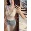 Màu trắng Công nghiệp nặng Nailed Diamond Deep V Camisole Nữ Phiên bản Hàn Quốc Thiết kế mỏng vừa vặn lưng đẹp Một dây hàng đầu
