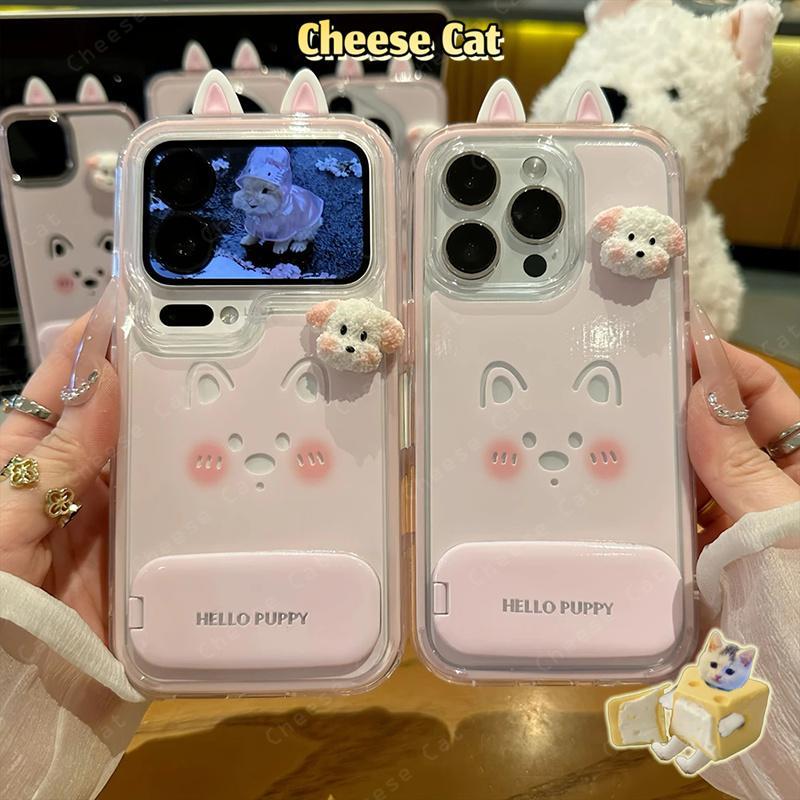Ốp điện thoại tai chó con 3D dễ thương dành cho iPhone 13 14 15 Plus 16 12 11 17 Pro Max Ốp lưng kèm gương trang điểm