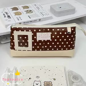 Bút chì TOPTOOLCX, Túi đựng bút màu nâu da PU, Thiết kế chấm bi đa chức năng có cửa sổ ảnh Túi đựng bút chì dung tích lớn dành cho học sinh
