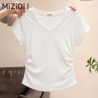 [Miziqi] Áo thun cổ chữ v màu trắng mùa hè dành cho nữ Áo ngắn xếp ly