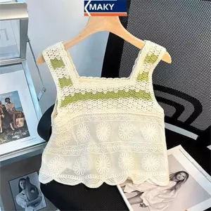 MAKY Mùa Hè Rỗng Thêu Dệt Kim Camisole Nữ Không Tay Không Đều sel Tank Top VN