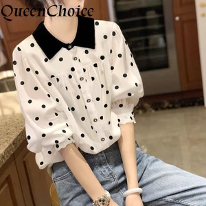 Áo Sơ Mi Voan Chấm Nữ Tay Dài OL Công Sở Áo Sơ Mi