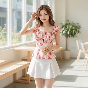 Áo 2 Dây Bèo Họa Tiết Hoa Dáng Ôm Lưng Bo Chun Phối Cúc Cài A51472