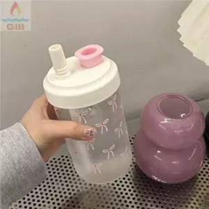 Bình Nước GILLL, Cốc Hút Dung Tích Lớn 500ml, Cốc Nhựa Nơ Dễ Thương Nước ép Sữa