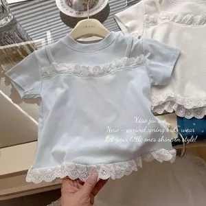 Trẻ Em (90-140) Mùa Hè Phong Cách Mới Dễ Thương Phong Cách Phương Tây Ren Ngọt Ngào Giả Hai Mảnh Áo