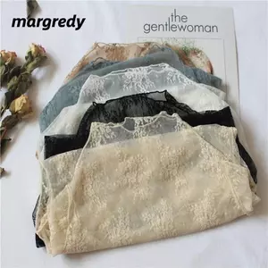 Áo ren nữ MARGREDY, Áo sơ mi đen thêu hoa nữ, Áo dài tay thời trang trong suốt xuyên thấu Áo lưới gợi cảm