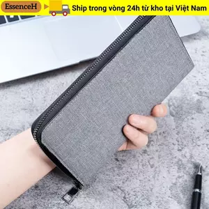 Ví dài nam ESSENCEH, Túi xách công sở dung tích lớn bằng vải Canvas, Hộp đựng thẻ có dây kéo nhiều khe