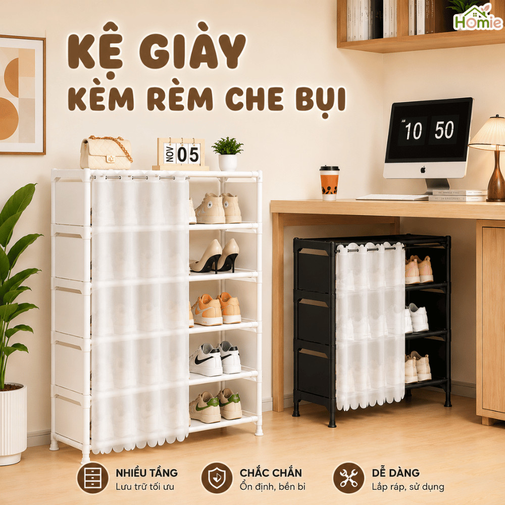 Kệ Để Giày Dép Khung Thép Chắc Chắn Có Rèm Chống Bụi HOMIE, Tủ Đựng Giày Sức Chứa Lớn, Dễ Lắp Ráp