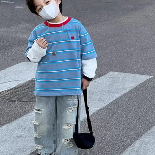 Áo thun sọc trẻ em 2025 Áo thun hai mảnh giả sọc Cotton