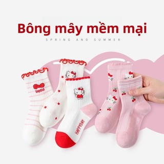 Bộ tất cotton mỏng thoáng khí Hello Kitty cho bé gái – Vớ lưới trung cổ viền hoa dễ thương 5 đôi