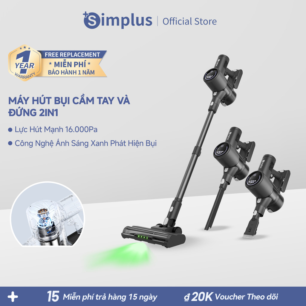 Simplus Máy Hút Bụi Không Dây Lực Hút Mạnh 16.000Pa Thời Gian Dùng Liên Tục 40 Phút Màn Hình LED XCQH017