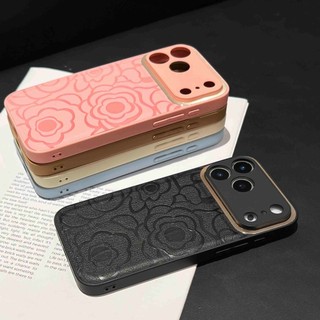 Ốp Điện Thoại Da Hoa Camellia Ống Kính Kim Loại Mạ Sang Trọng Cho iPhone 17Promax 17Air 16 15 Pro Max 14Promax Plus 11 12 13 Pro Max Chống Sốc Nam Nữ