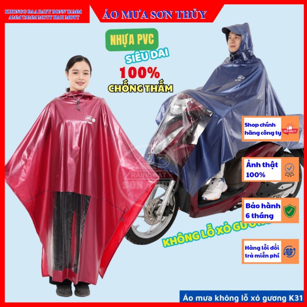 K31-Áo mưa choàng 1 mũ chất liệu mới, nhựa PVC siêu dai, bền bỉ, không lỗ xỏ gương K31 Sơn Thủy aomuasonthuyhn