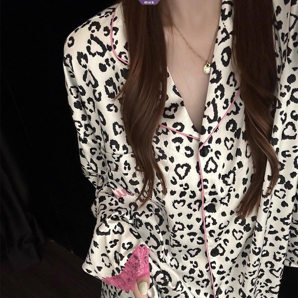 Bộ Đồ Ngủ Nữ Thu Đông Ren Pháp Da Báo Màu Mèo - Quần Dài Tay Loàngwear Suit