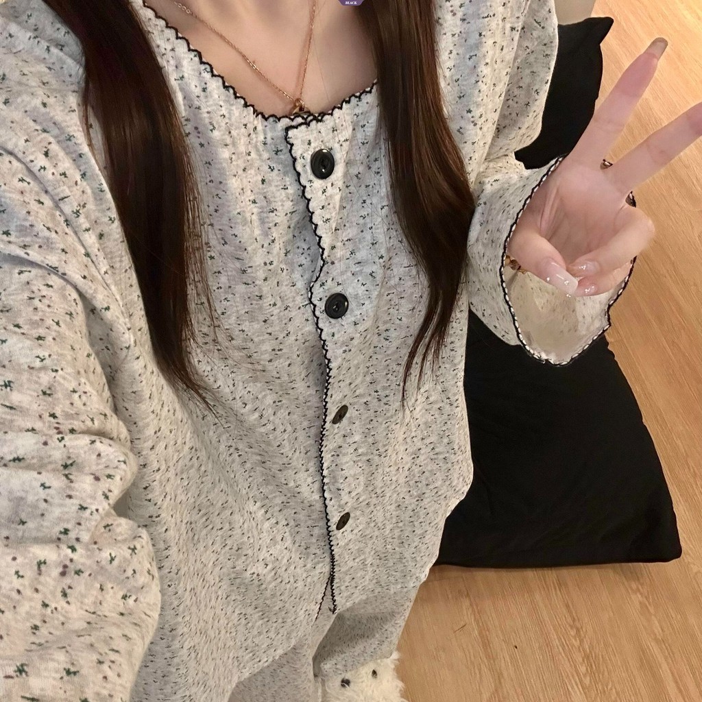 Bộ đồ ngủ dài tay phong cách hoa Hàn Quốc cho xuân thu mới, kèm cardigan mặc nhà