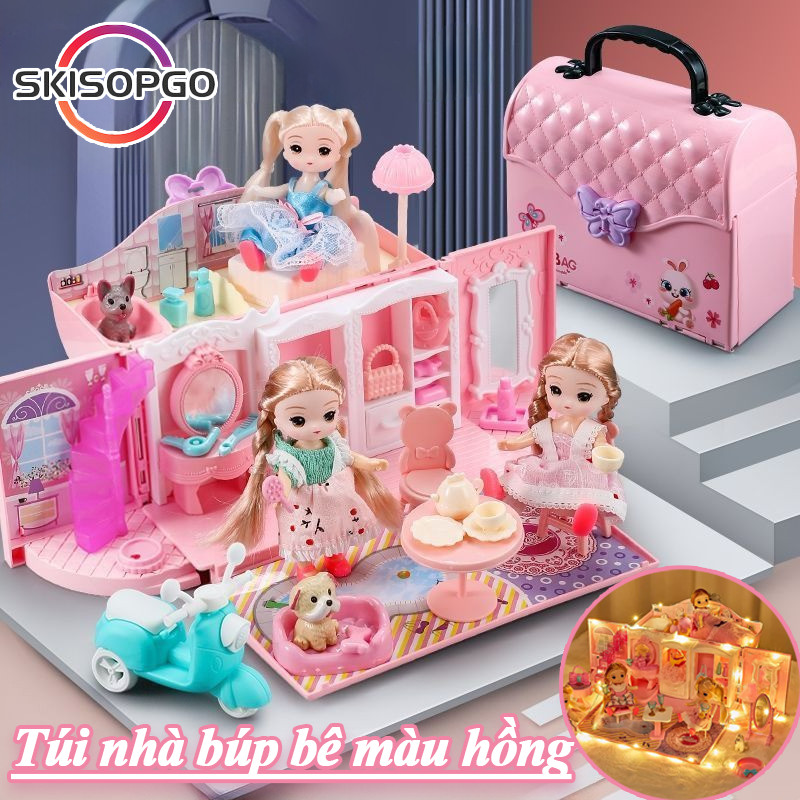 Túi Nhà Búp Bê Màu Hồng Cao Cấp, Gập Gọn Sau Khi Chơi, Đèn LED Chiếu Sáng, Cho Bé Gái 3-6 Tuổi