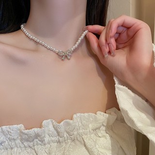 Vòng cổ nơ kim cương và ngọc trai phong cách Hàn Quốc, dây chuyền xương đòn cao cấp nữ