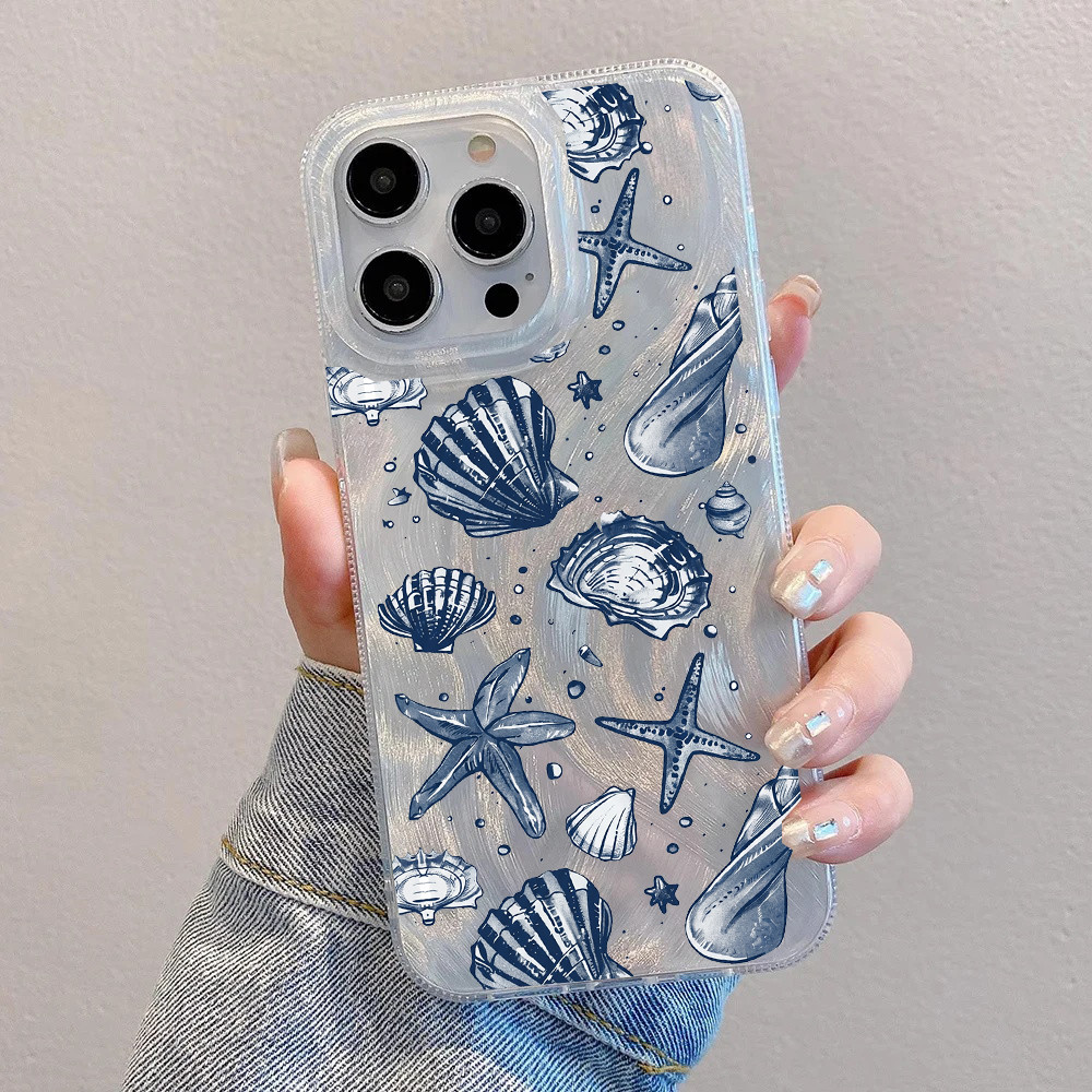Vỏ Điện Thoại Laser Bạc Seashell Xanh Cho Samsung Galaxy S25 S26 FE S24 S23 S22 S21 Plus Ultra S20 FE Bao Acrylic Cứng Matte Chống Sốc Họa Tiết Lông Vũ