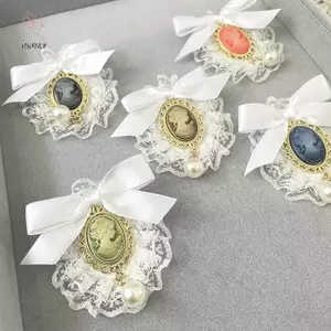 HNKMP Vintage Handmade Vải Nghệ Thuật Ren Nơ Thổ Cẩm Đầu Làm Đẹp Ngọc Trai Xòe Phong Cách Đại Học Cổ Chân Phụ Kiện Trang Sức Cho Nữ.