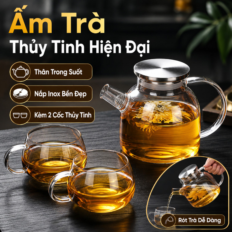 Bình Thủy Tinh Borosilicate - Nắp Inox 304, Chịu Nhiệt, Dung Tích 1000-1800ml, Uống Nước An Toàn & Lành Mạnh