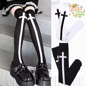 Tất ống dài in chữ thập Gothic - Tất trên đầu gối - Phong cách Nhật Bản, JK, Lolita - Vớ mỏng co giãn dành cho nữ - để mặc tiệc tùng cay cho bé gái / Giao hàng miễn phí