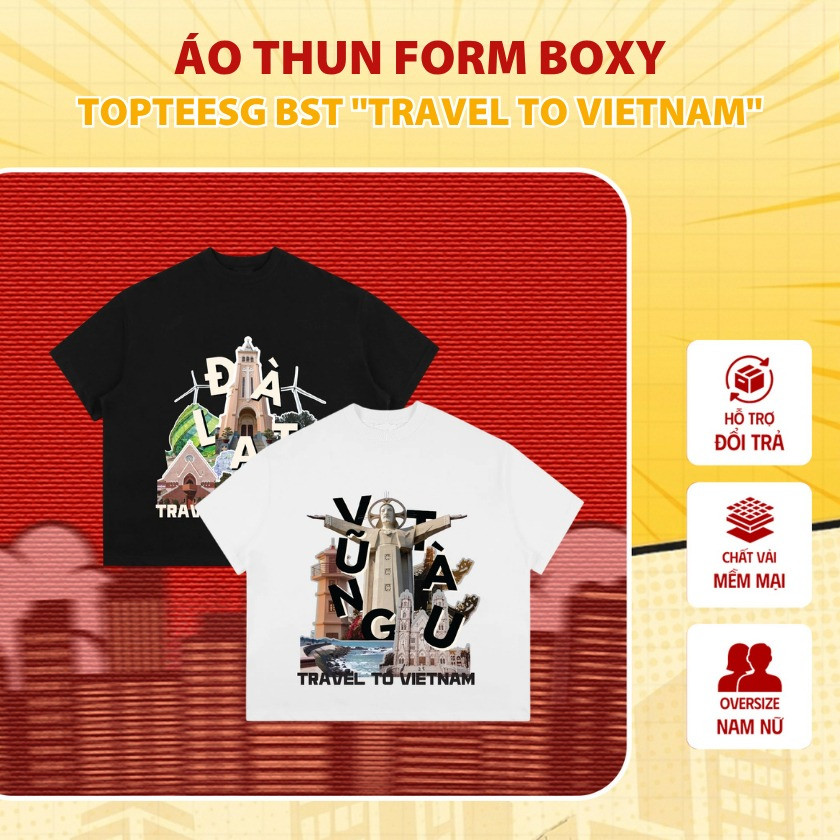 （Giao hàng 24h）Angela Áo thun form boxy Angela "Travel to Vietnam" unisex nam nữ tay ngắn cổ tròn vải cotton 2 chiều
