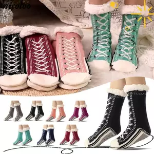 NICOLOO 1 Đôi Tất Lông Tơ Giữ Nhiệt, Tất Ngủ Sàn Sang Trọng Chống Trơn Trượt, Thời Trang Sọc Ấm Áp Mùa Đông Tất Cho Nữ Bé Gái