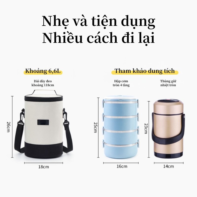 Túi Giữ Nhiệt đựng Cơm Văn Phòng Dạng Trụ 3 Lớp Chống Nước Quai Xách đeo Vai Dung Tích Lớn