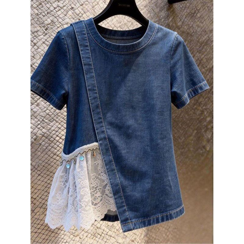 [Khuyến mãi trong thời gian có hạn] Áo ngắn tay Denim thiết kế phong cách mới mùa hè, khâu ren xẻ áo sơ mi nhỏ Xu hướng thời trang bên trong