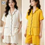 Quần short ngắn tay viền lượn sóng dành cho nữ Bộ đồ ngủ bằng vải Cotton nguyên chất / Bộ đồ ngắn tay có ve áo mùa hè / Quần áo đi chơi thời trang mềm mại thoải mái