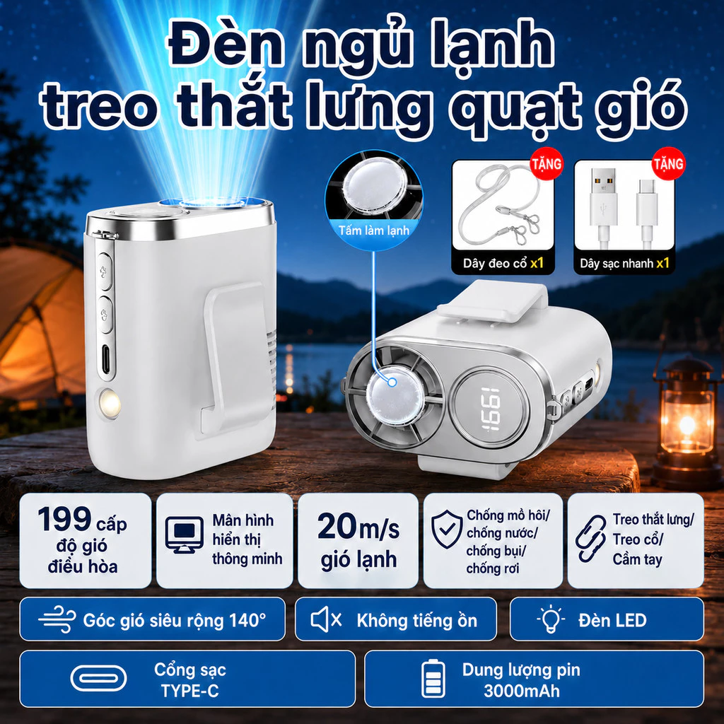 Quạt treo eo, quạt treo cổ, quạt ngoài trời, quạt mini, quạt cắm trại, quạt leo núi, bảo hành 3 năm