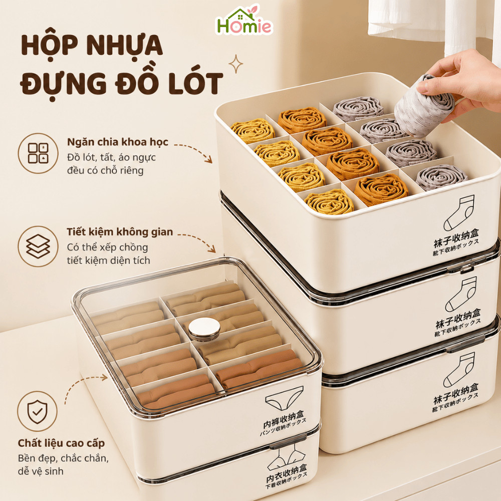 Hộp Đựng Đồ Lót, Tất Vớ Chia Ngăn Có Nắp Chống Bụi HOMIE, Khay Đựng Đồ Đa Năng Chia Ngăn Gọn Gàng