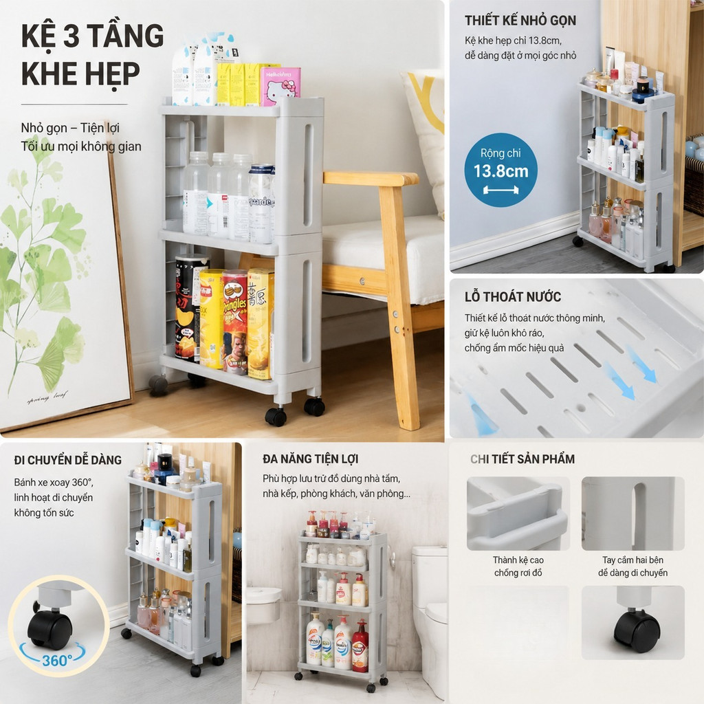 Kệ Hẹp Di Động CozyHome 3 Tầng Có Bánh Xe – Kệ Nhựa Đa Năng Nhà Tắm Nhà Bếp 65x40x13.8cm
