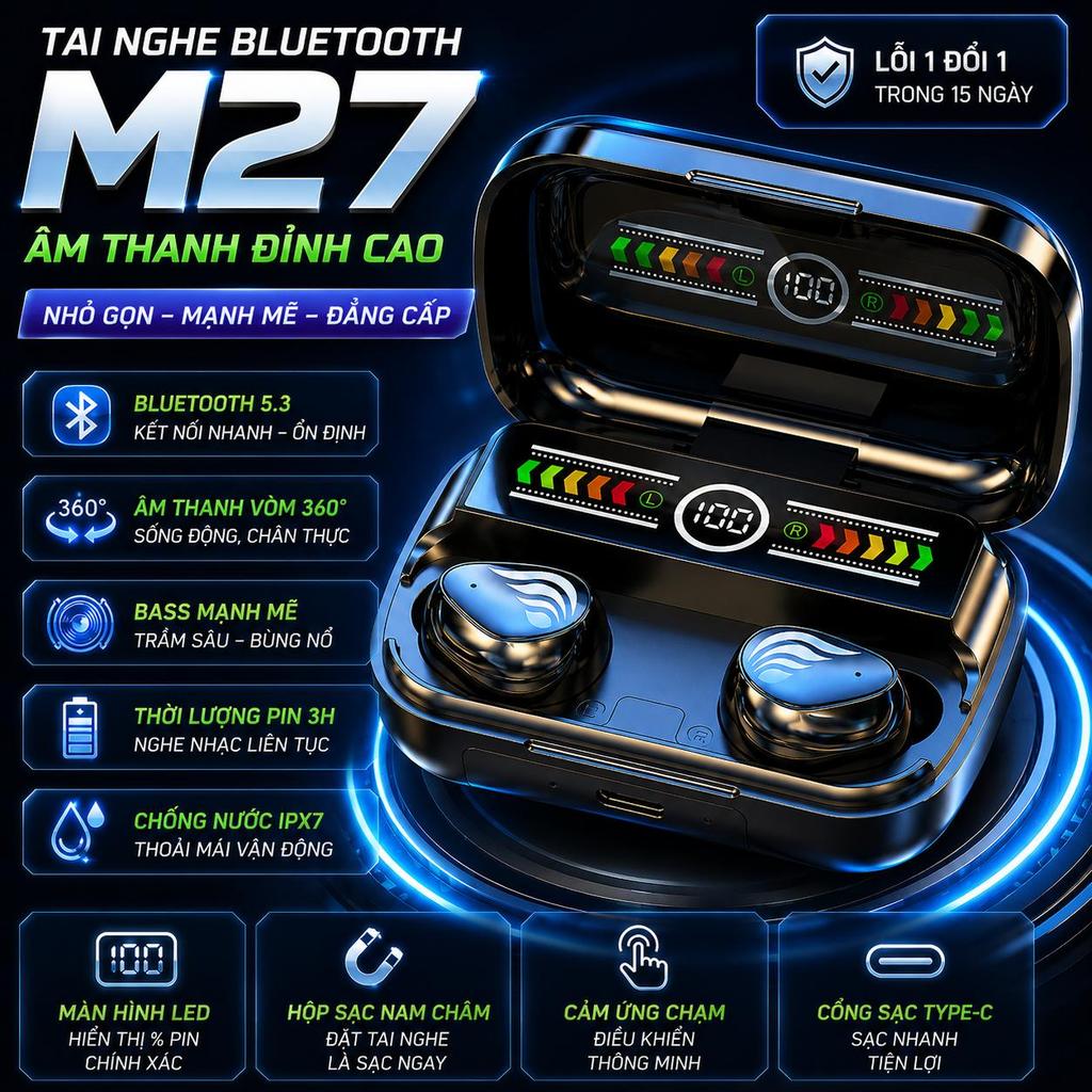 ( Mua 1 Tặng 1 )- Combo Tai Nghe Bluetooth M27 + S9 Không Dây - Bass Mạnh, Pin Trâu, Âm Thanh 360°