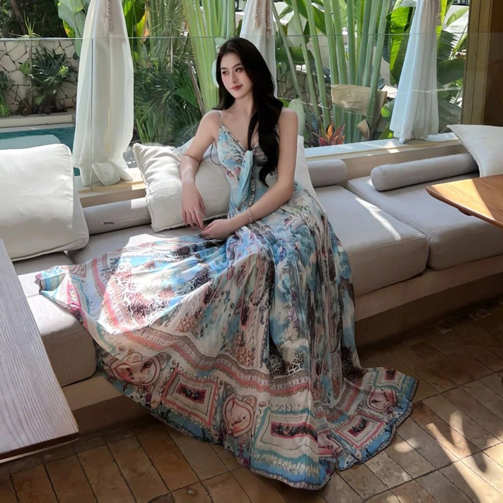 Đi Biển Bohemian Kỳ Nghỉ Màu Xanh In Hình Sling Đầm Nữ Mùa Hè Gợi Cảm Tính Dây Xích Đu Lớn Váy Dài