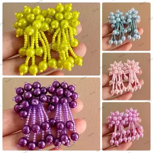 PYCOU Bông tai hạt Bohemian, Trang sức Bông tai tua rua phong cách bãi biển, Bông tai dài màu trơn thời trang Bãi biển